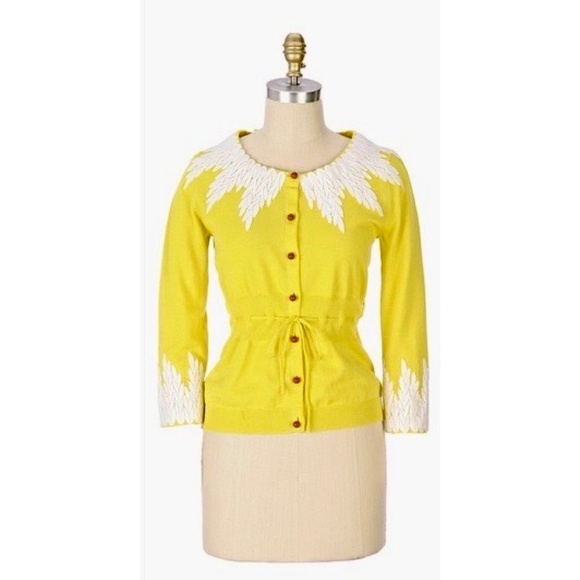 NWT!! Anthropologie MOTH Wisteria Cardigan Lace Appliqués Canary Yellow Small - Picture 5 of 15
